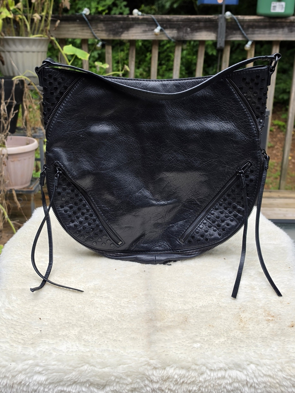 She + Lo Black Genuine Leather Studded Hobo Shoulder Bag Multi Zip Boho